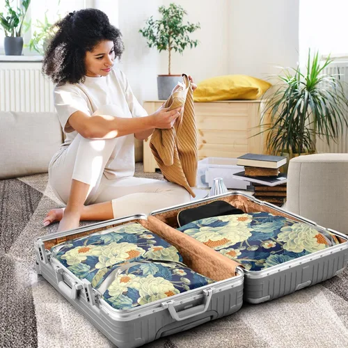 Vista 5 de Floral Cauliflower Design Blue White 3 Set Travel Packing Cubes For Suitcases Stackable Blanket Bags For Closet Storage Blanket Storage Bags Bed