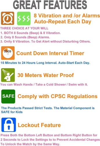 Vista 3 de T TICCI Reloj vibratorio digital para niños, 8 alarmas, recordatorio de medicación, entrenamiento urinario, vibración, píldora, aviso, vibra