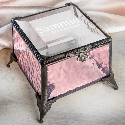 Vista 3 de Caja de recuerdo personalizada de regalo de primera comunión para niña, vitral, joyería grabada J Devlin EB218-2 (rosa)