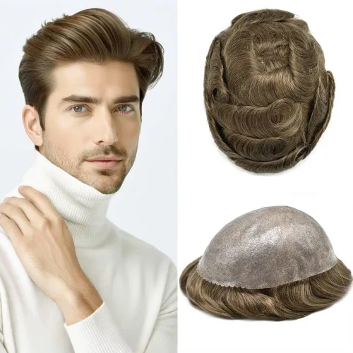 Vista 353 de Toupee para hombre 100% cabello humano real tupé para hombres 0.004 in piel de poliuretano para hombre, sistema de reemplazo de piezas de pelo