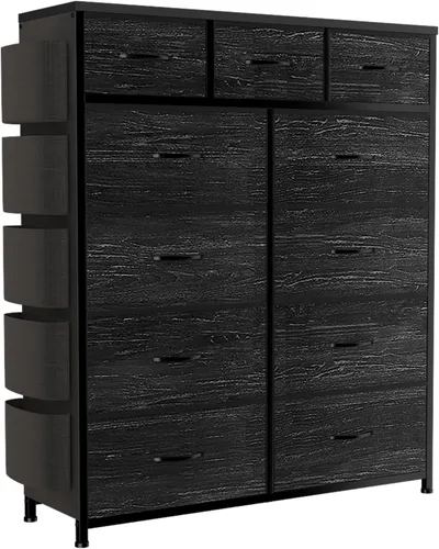 Vista 17 de Cómoda de almacenamiento de tela con 11 cajones para organización del dormitorio, cómoda con estantes profundos, bolsillos laterales y ganchos, Negro