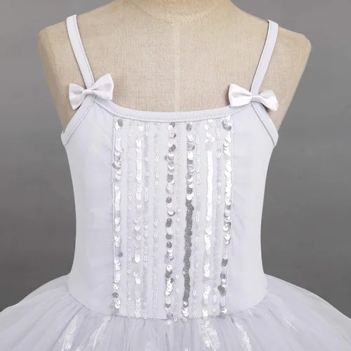 Vista 3 de AFAVOM Vestido de ballet con lentejuelas y flecos para niñas pequeñas, vestido de ballet con purpurina y plumas, tutú con falda, leotardo