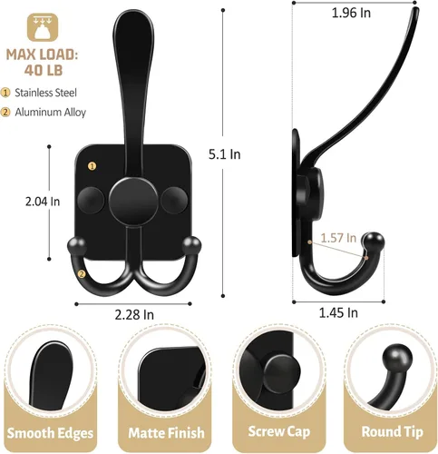 Vista 6 de VIS'V Ganchos para colgar abrigos de pared, ganchos de metal autoadhesivos de 3 puntas para puerta de entrada, 2 opciones de montaje, negro, 4