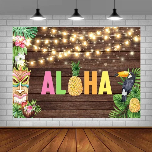Vista 4 de Telón de fondo Aloha de 7 x 5 pies para fotografía, temática hawaiana tropical, decoración de fiesta Luau, escultura de pájaro, fondo de fotografía