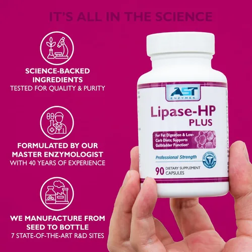 Vista 6 de AST Enzymes Lipase-HP Plus - 90 cápsulas vegetarianas - Enzimas digestivas para alimentos grasos - Fórmula de enzimas digestivas de dieta cetogénica