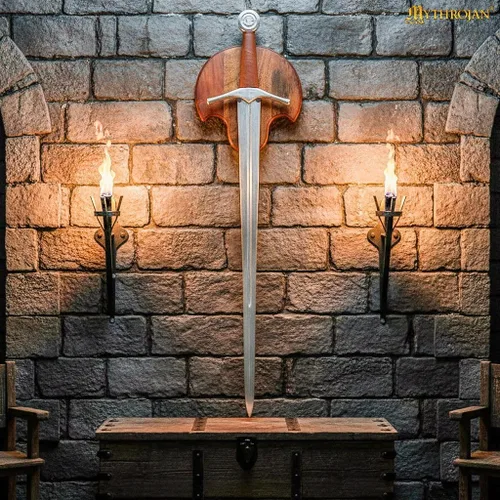 Vista 3 de Mythrojan Wooden Sword Wall Mount Medieval Sword Plaque Holder with Hardware Single Sword Display Hanger