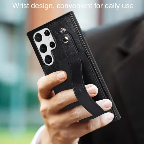 Vista 2 de Funda para teléfono Samsung Galaxy S22 Ultra 5G con protector de pantalla, correa de muñeca ajustable, atril, ranura para tarjetas de crédito