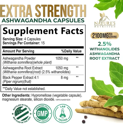 Vista 2 de Suplementos de Ashwagandha - Cápsula de Ashwagandha de 2100 mg para mujeres y hombres, apoyo natural antioxidante, extracto de raíz de Ashwa, apoyo
