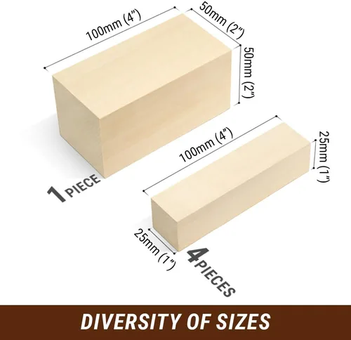 Vista 3 de BeaverCraft Bloques de tallado de tilo, 5 piezas de madera para tallar, bloques de madera grandes y pequeños para manualidades, madera sin terminar