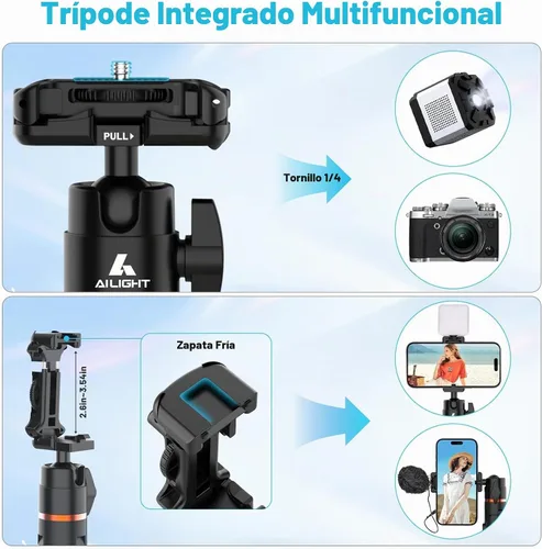 Vista 4 de Ailight Trípode de viaje extensible de 60 pulgadas y palo selfie con zapata fría y control remoto inalámbrico, cabeza de bola de 360° para vlogging