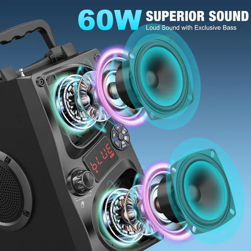 Vista 2 de Altavoz Bluetooth, 60W (Pico) Altavoces Inalámbricos Portátiles Pequeños para Fiestas en Casa con Doble Subwoofer de Graves Profundos, Radio, Luces