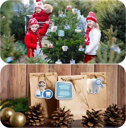 Vista 5 de Wenqik 24 adornos navideños para dentistas y dentistas, decoración de madera, adornos colgantes de Navidad, hoja de dientes, estación de enjuague