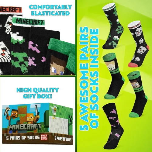 Vista 5 de Minecraft Calcetines para niños, paquete de 3 o 5 unidades, calcetines de tobillo para niños, ricos en algodón, para uso diario, escuela, deportes