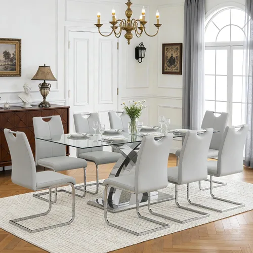 Vista 43 de Juego de mesa de comedor de vidrio de 70 pulgadas para 4, mesa rectangular de cristal dorado con 4 sillas de piel sintética, juego de mesa de Mesa