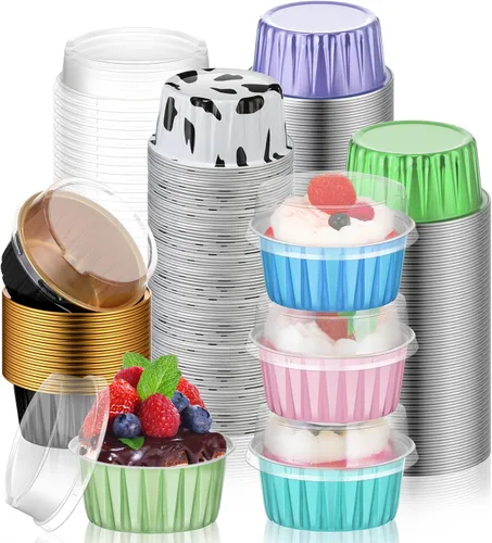 Vista 9 de 120 Pcs Moldes de Papel de Aluminio para Hornear Mini Moldes para Pasteles con Tapas 5 oz Forros para Cupcakes Moldes Desechables para Magdalenas