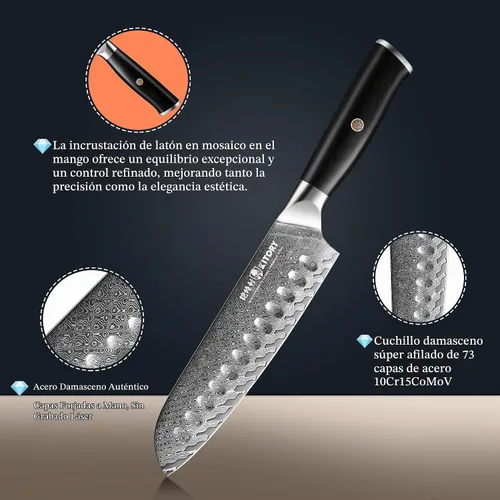 Vista 5 de Cuchillo Santoku de Damasco de 73 capas, 10Cr15CoMoV HC núcleo de corte, estilo japonés Premier Kitchen Chefs Gadget w/t caja de regalo D1santoku