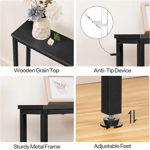 Vista 9 de HOOBRO - Mesa de consola estrecha de 63" con estación de carga, mesa de sofá de 5.9" con 2 tomas de corriente y puertos USB, mesas largas de entrada