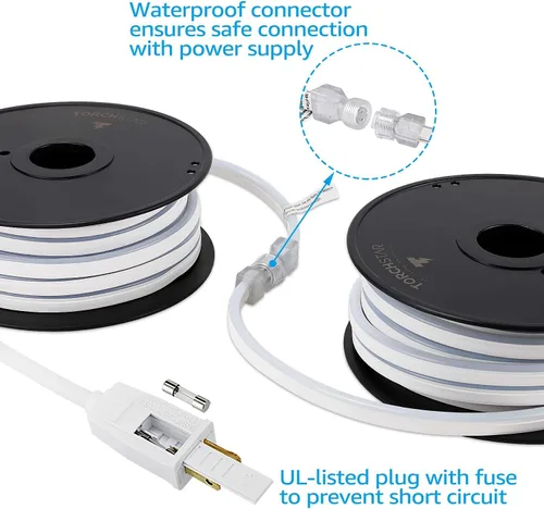 Vista 6 de TORCHSTAR Cuerda de neón LED de 50 pies para exteriores, IP67 impermeable, CA 120 V (150 pies máximo), certificado ETL y UL, decoración de edificios
