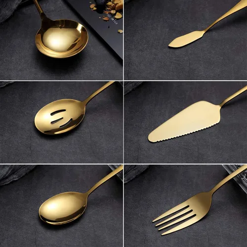 Vista 7 de Juego de cubiertos de servicio dorado de 6 piezas - Juego de utensilios de acero inoxidable, incluye servidor de pasteles, cuchara ranurada, cuchara