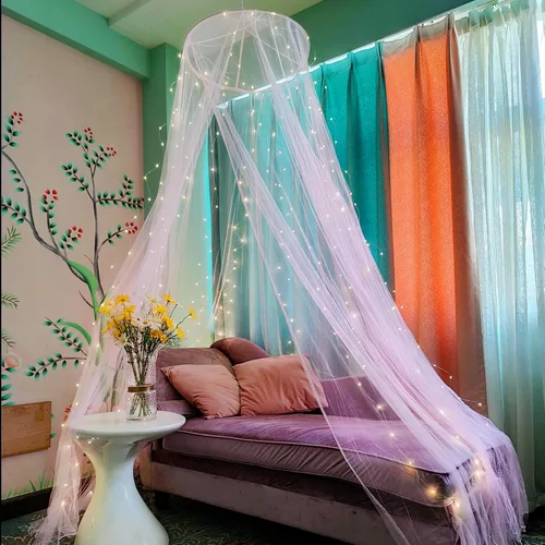 Vista 9 de Dosel de cama Eimilaly con mosquitera y 250 piezas de luces de cortina blancas cálidas, dosel de cama para decoración de habitación de niñas o Luces