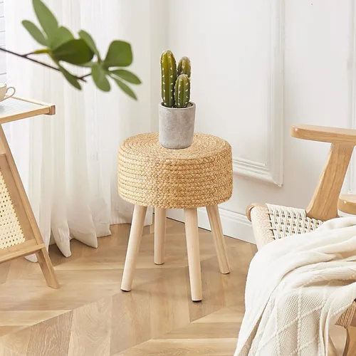 Vista 3 de Cpintltr Taburete otomano redondo con patas de madera maciza, reposapiés de jacinto tejido a mano, taburete para sala de estar, balcón, jardín