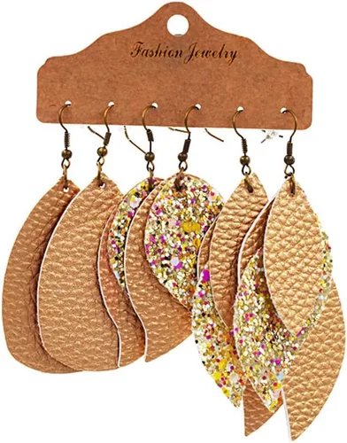 Vista 2 de 3 parespaquete de aretes ligeros de cuero sintético en capas con lentejuelas con purpurina, aretes colgantes de lágrima para mujer, joyería