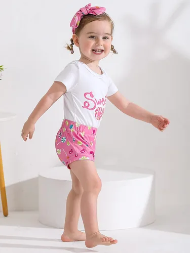 Vista 3 de ESHOO Conjunto de mameluco para bebé niña con estampado de caramelo, pantalones acampanados, diadema