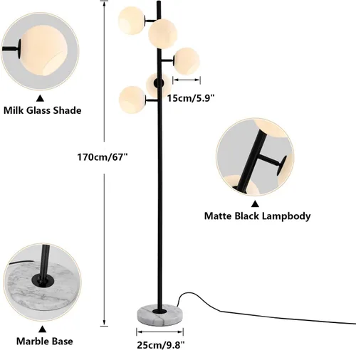 Vista 2 de KCO Lighting Five Globe - Lámpara de pie moderna de mediados de siglo, pantalla de vidrio de leche, acabado negro, base de mármol para sala de estar