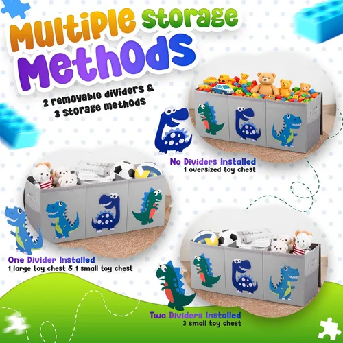 Vista 6 de Organizador de almacenamiento de juguetes extra grande para niños, caja de juguetes plegable de 40 x 13 x 16 pulgadas con 3 tapas, divisores