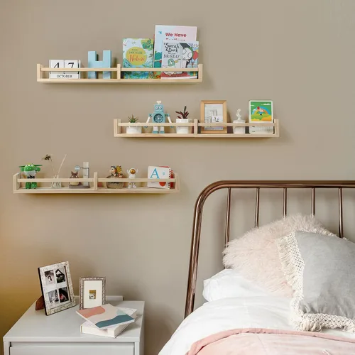 Vista 4 de Austin yan Estantería de pared para guardería, 32 pulgadas, juego de 3, estantería flotante de madera para niños, color madera natural, estante