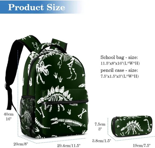 Vista 2 de Lightweight Backpack Pencil Case CombinationBookbag Pen PouchStationery BagDinosaur skeleton Original Printing
