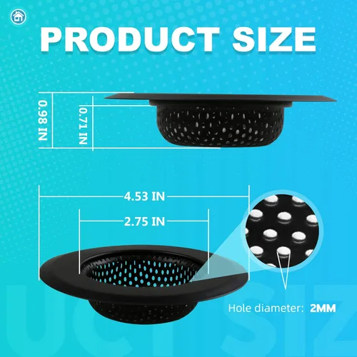 Vista 2 de Colador de drenaje de fregadero, 2 coladores de fregadero de cocina, coladores de fregadero de acero inoxidable de 4.5 pulgadas de diámetro