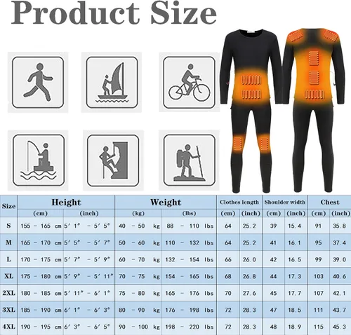 Vista 5 de Conjunto de ropa interior térmica con calefacción, ropa interior con calefacción USB para hombre, capa base de 9 zonas calentadas