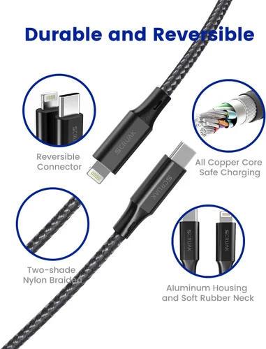 Vista 4 de Cable de carga de teléfono extralargo de 16 pies, USB C a cable trenzado de nailon Lightning SCRUAK - Cable de carga rápida de 16 pies