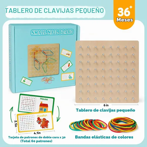 Vista 5 de Tablero geométrico de madera para niños - Juguete educativo Montessori STEM con tarjetas de patrones y bandas de goma, rompecabezas de formas
