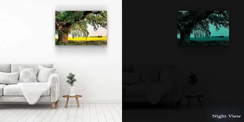 Vista 7 de Startonight Lienzo decorativo con motivo de árbol, paisaje abstracto, lago, naturaleza, bosque, negro y blanco, Lona, Amarillo Verde, L