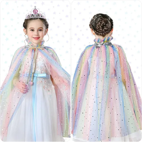Vista 5 de AOOWU Capa de princesa para niñas, colorida capa de princesa con corona, disfraz de princesa Elsa elegante con lentejuelas brillantes de tul