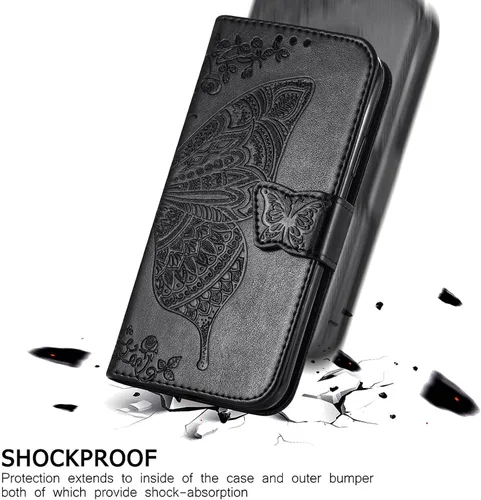 Vista 5 de Funda para teléfono Galaxy A14 5G, funda de piel sintética en relieve de mariposa con tarjeteros para tarjetas de crédito, correa de muñeca