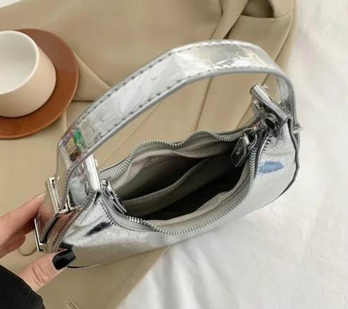 Vista 7 de Bolso Hobo para mujer, bolso de plata Y2k, brillante de noche, embrague brillante, para axilas, bolso de hombro de piel sintética