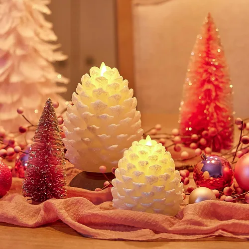 Vista 7 de Luminara Pinecone - Vela sin llama con purpurina de cisne blanco y acabado de nieve, figura de piña, velas LED de cera real sin aroma, funciona
