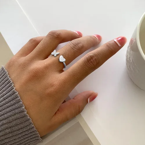 Vista 8 de Anillo con inicial de oro para mujer, anillo de plata con letra inicial de oro rosa, anillos de corazón de mariposa ajustables con iniciales