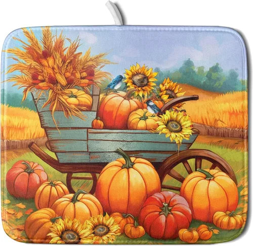 Vista 38 de Tapete de Secado de Platos de Florero de Girasoles Otoñales para Encimera de Cocina, Tapete de Secado de Hojas de Arce y Calabaza Otoñal de 16 x 18