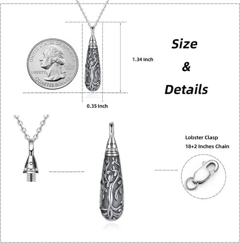 Vista 134 de Collar con colgante de urna de cenizas de cremación y árbol de la vida para mujer, plata de ley US1