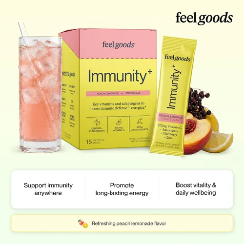 Vista 2 de Feel Goods Immunity+, apoyo inmunológico, hierbas orgánicas, 500 mg de vitamina C, paquetes de polvo cero azúcar, antioxidantes, zinc