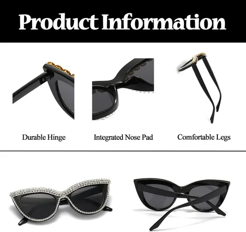 Vista 4 de LJCZKA Diamond Cat Eye Sunglasses Women Retro Jeweled Rhinestone Sun Glasses Sparkle Crystal Pearl Luxury Bling Eyewear