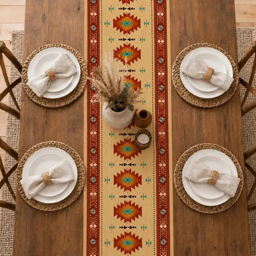 Vista 195 de Camino de mesa étnico del suroeste, navajo tribal nativo americano, bohemio, patrón geométrico azteca, camino de mesa para cocina, mesa de comedor