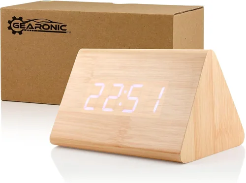 Vista 5 de Moderno reloj despertador con indicador de temperatura y calendario con diseño triangular de madera con luces led. Gearonic TM.