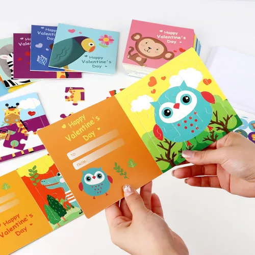 Vista 5 de Tarjetas de rompecabezas para el día de San Valentín para niños, paquete de 27 tarjetas de rompecabezas de animales con sobres y calcomanías a