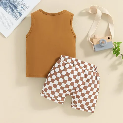 Vista 93 de Ropa de bebé niño sin mangas + pantalones cortos con estampado a rayas con bolsillos, 2 piezas de trajes de verano