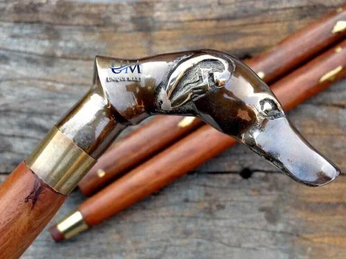 Vista 3 de Mango de cabeza de perro de latón macizo antiguo, bastón de madera para caminar, bastón de diseñador vintage